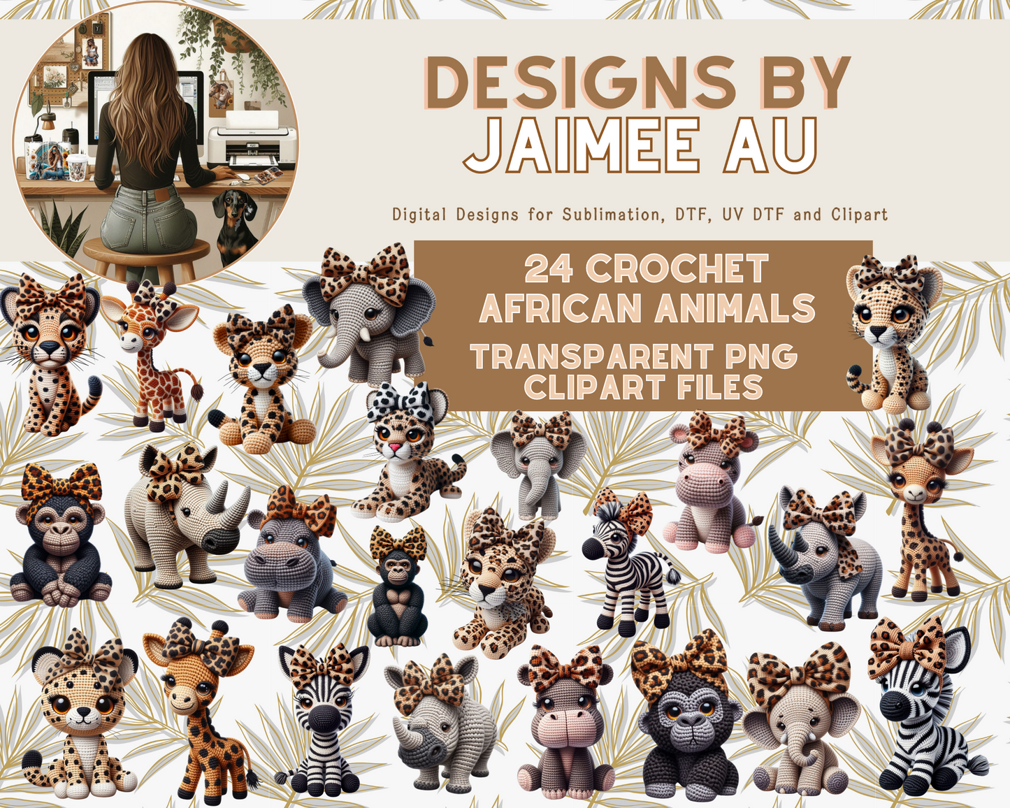 24 Cute Crochet African Animals Characters Digital Transparent Clipart Images