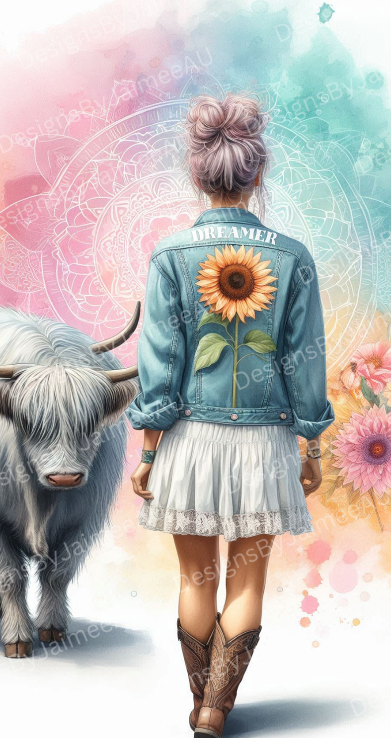 "Dreamer" Pastel Watercolour Daily Affirmations with Highland Cow Digital Phone Case Design