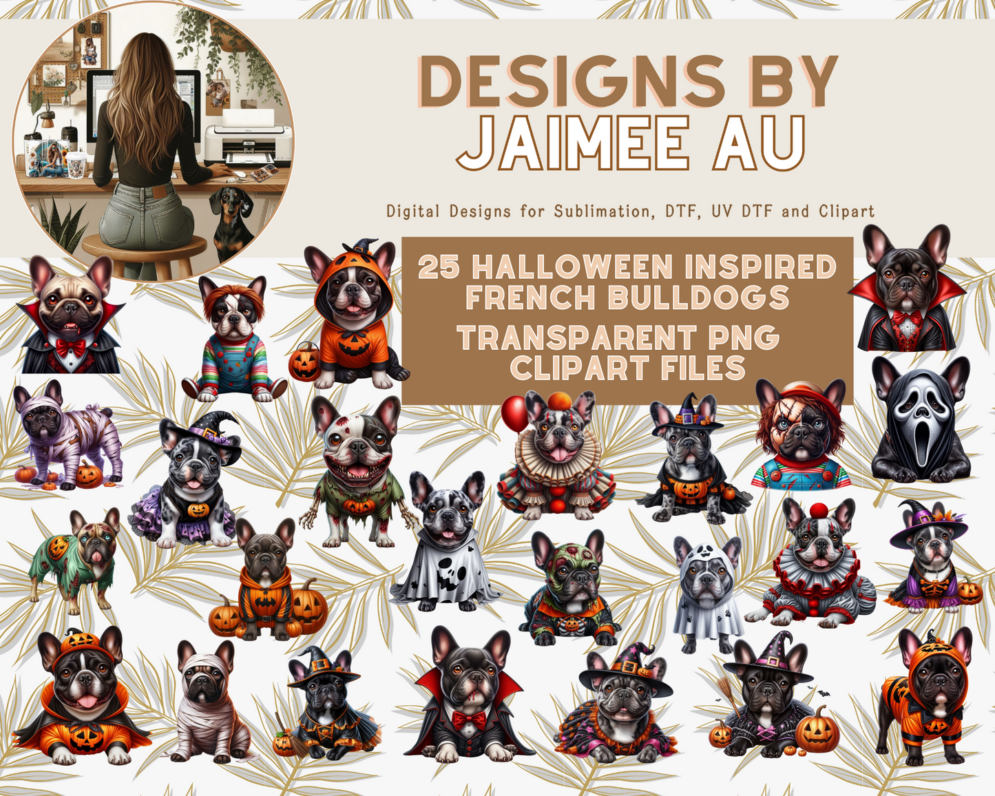 25 Halloween Inspired Frenchies Digital Transparent Clipart Images