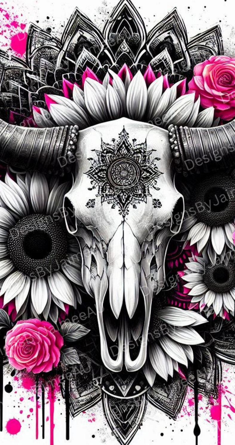 Black and White with Pops Of Pink Bull Skull Digital Phone Case Design