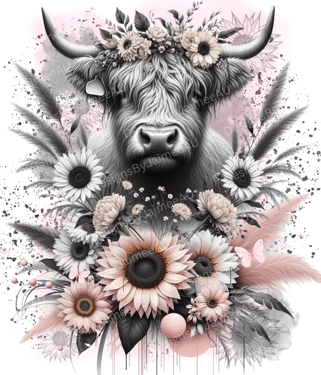 Floral Highland Cow - Pink and Black - Digital Sublimation Led Light Design