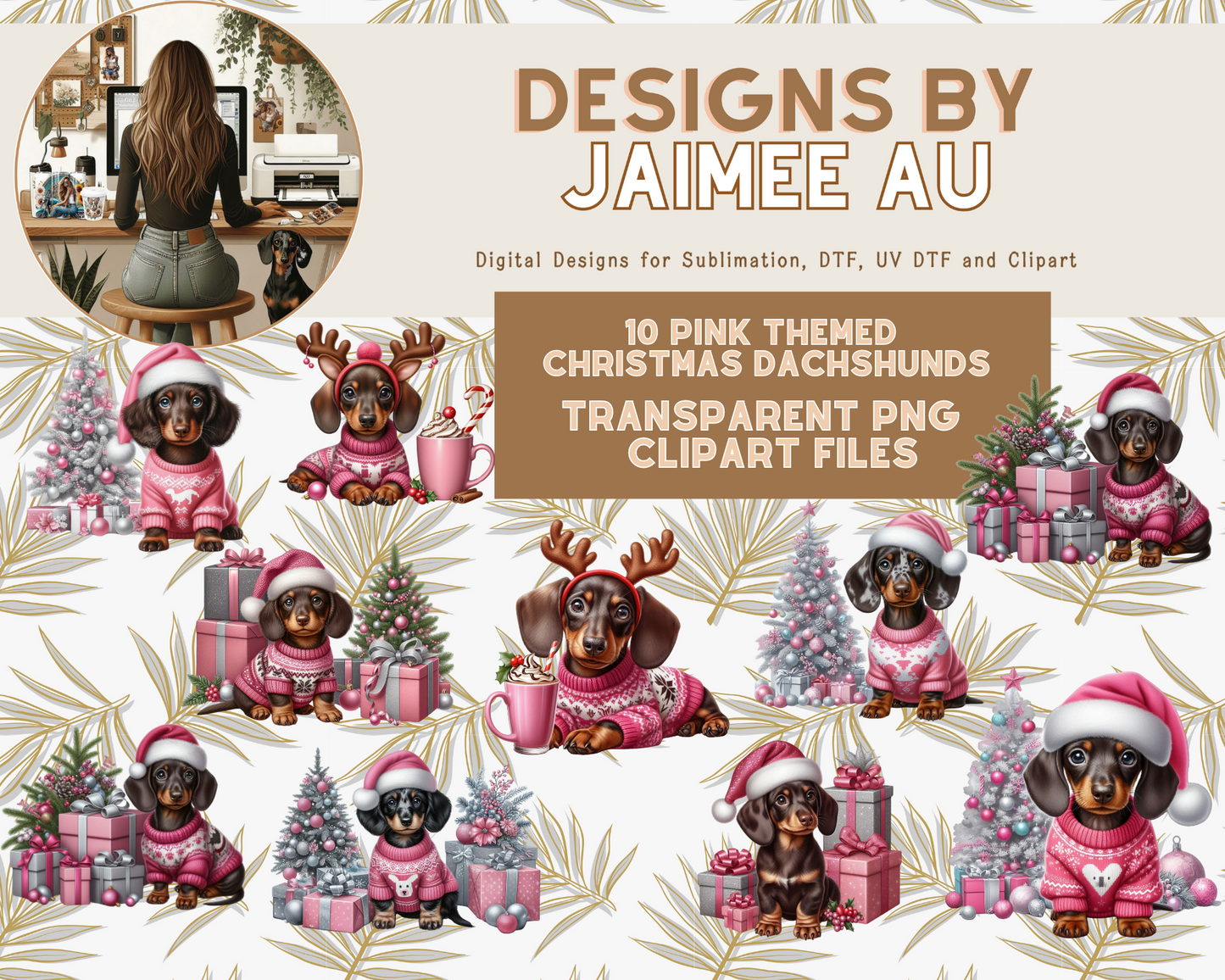 10 Pink Themed Christmas Dachshund Digital Transparent Clipart Images