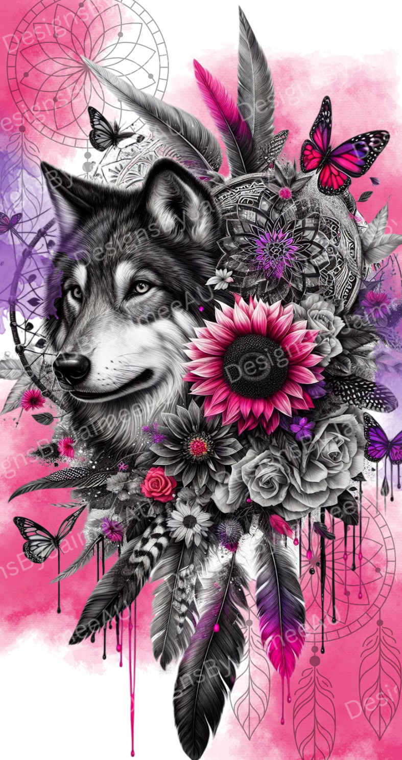 Black and White Wolf with Pink Watercolour Digital Phone Case Design