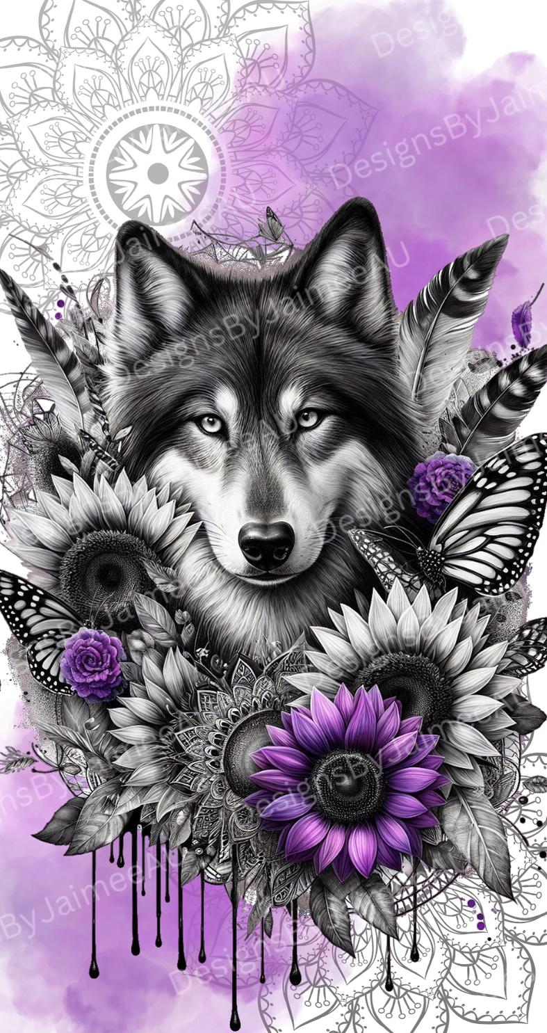 Black and White Wolf with Purple Watercolour Digital Phone Case Design