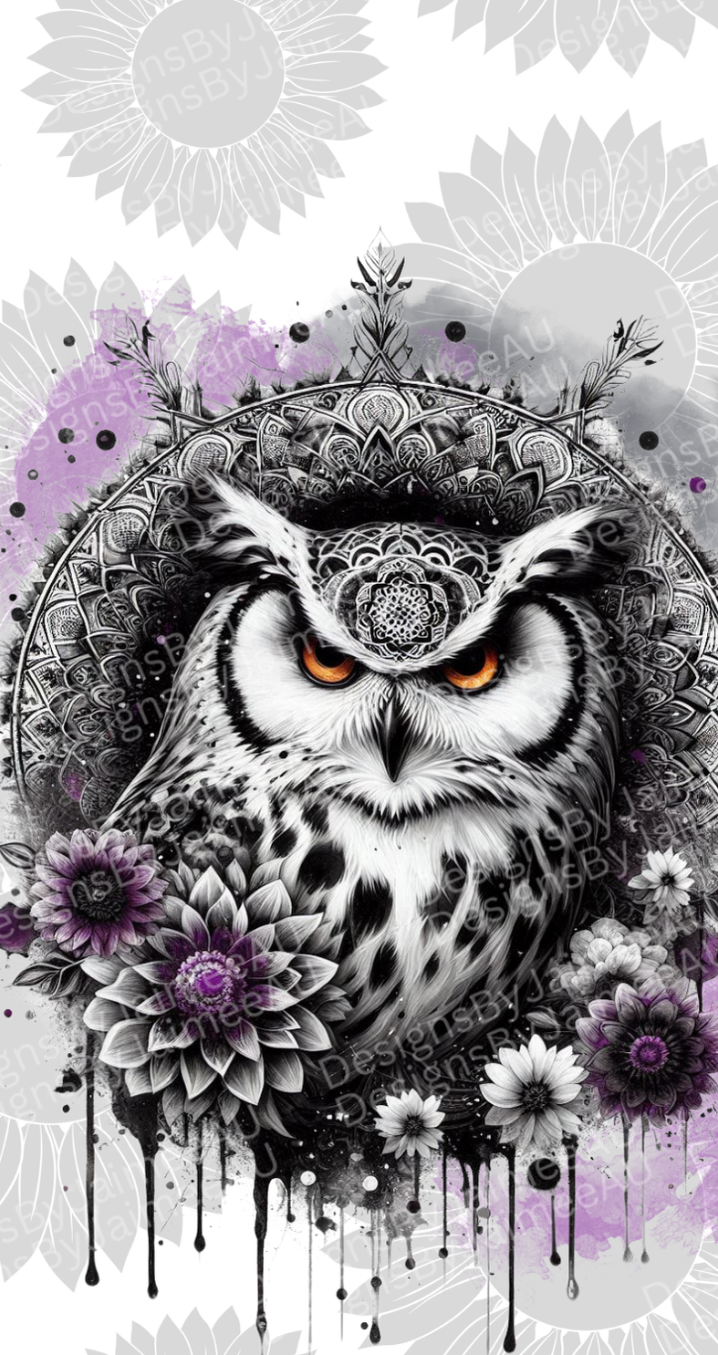 Purple Sunflowers - Black and White Owl Digital Phone Case Design