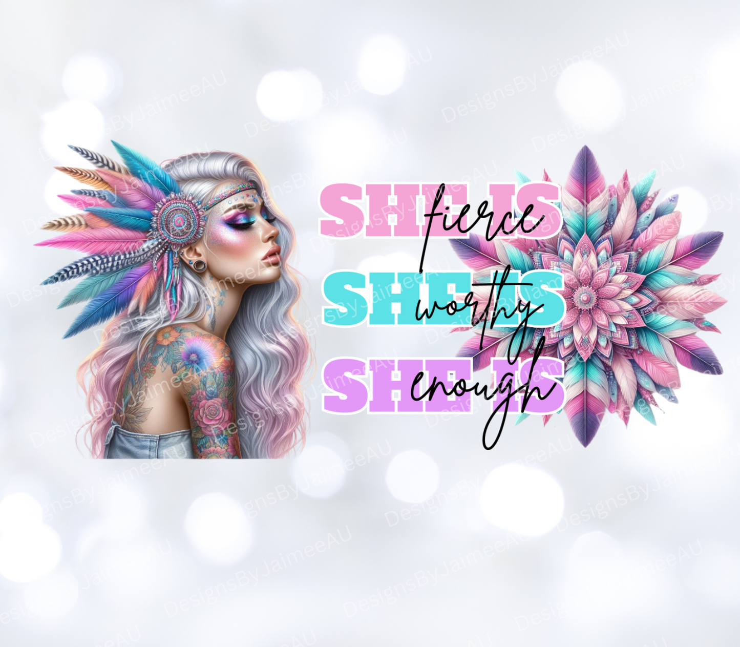 She is "Fierce, Worthy, Enough" Pastel Digital Download 16oz UV DTF Transfer Wrap PNG Image