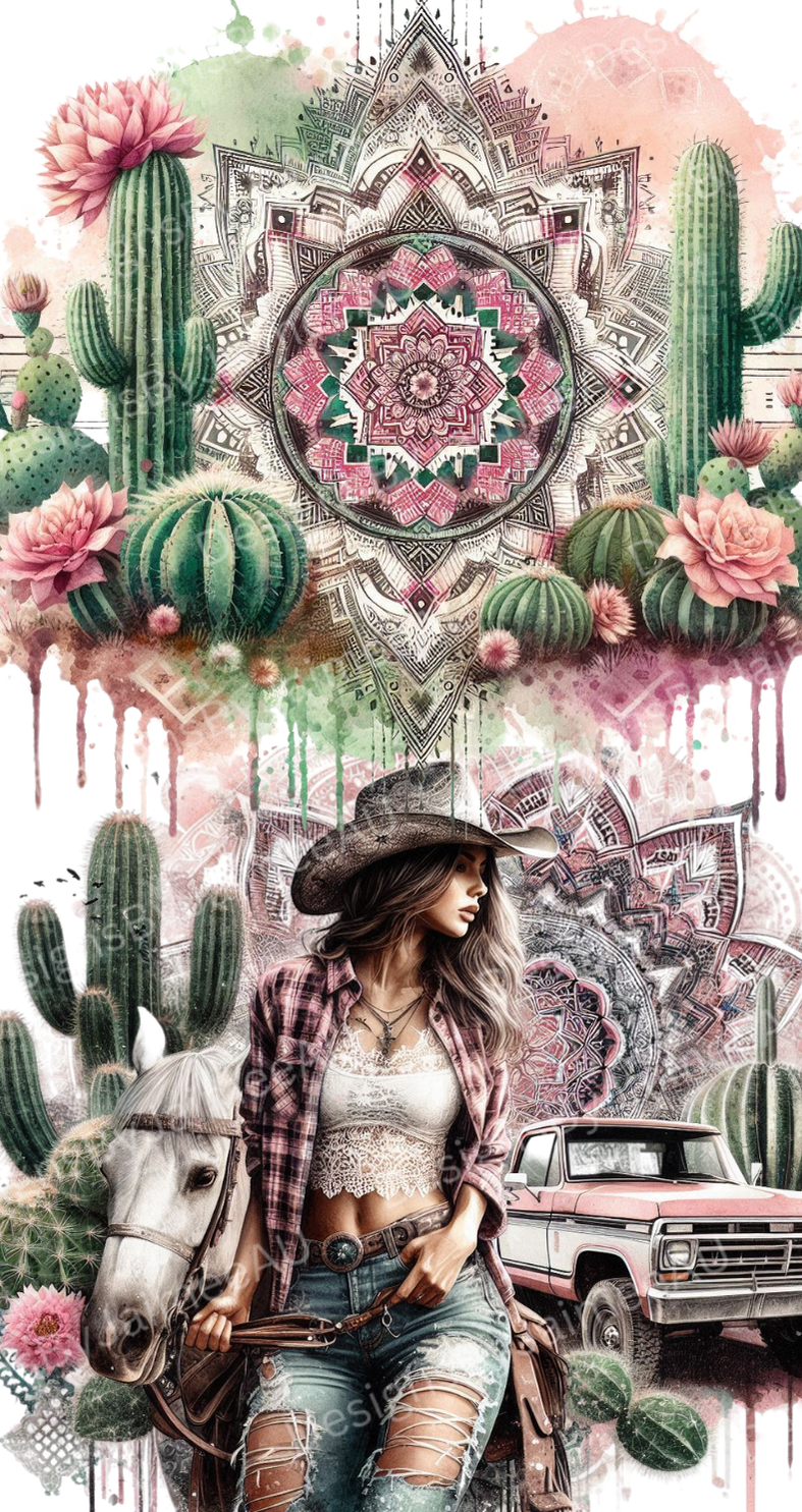 Pink and Green Cowgirl with Horse and Pick Up Truck Country/Western Digital Phone Case Design
