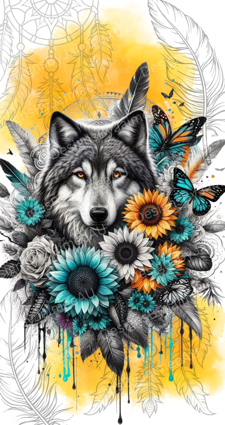Black and White Wolf with Yellow Watercolour Digital Phone Case Design