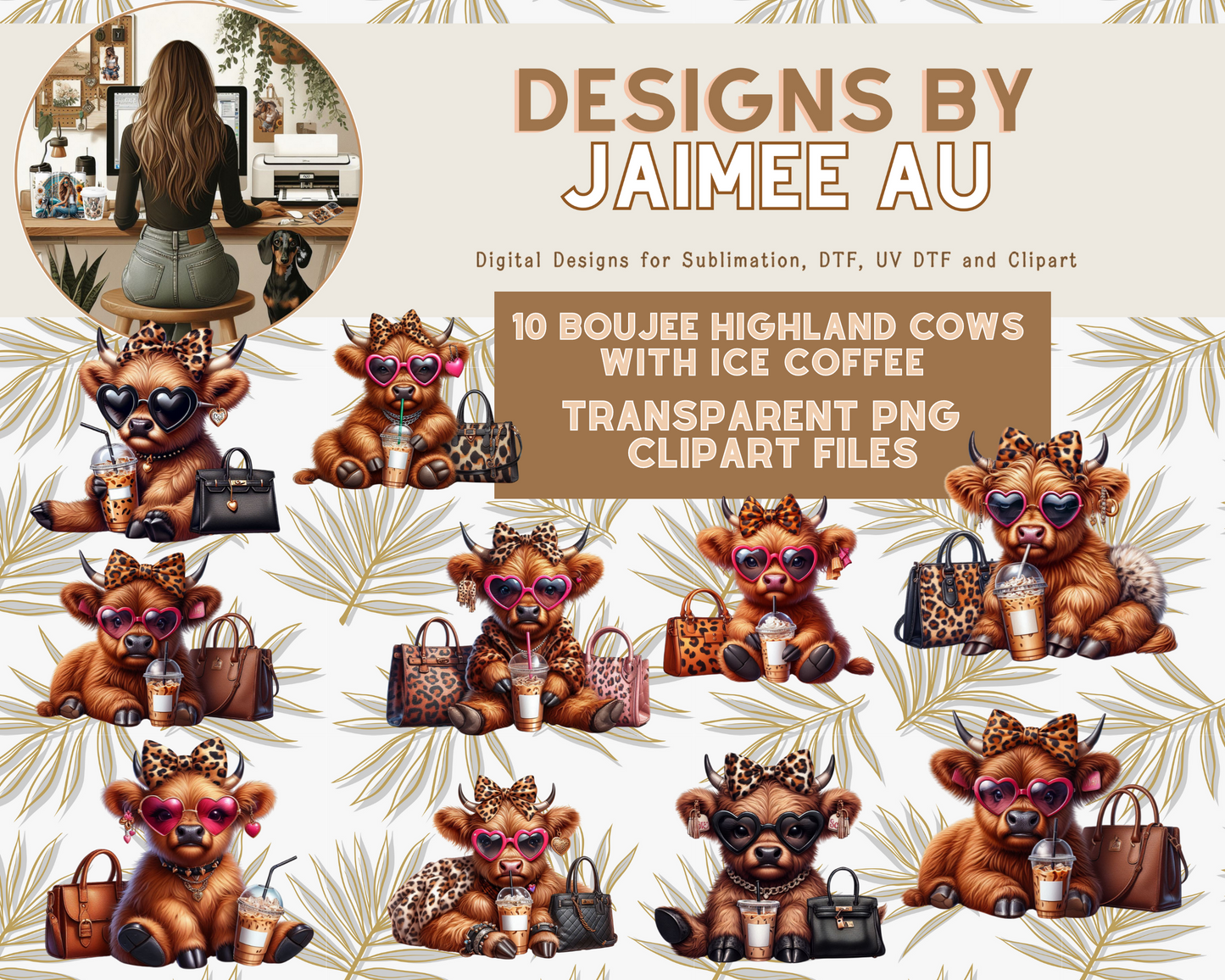 10 Boujee Highland Cow and Coffee Digital Transparent Clipart Images