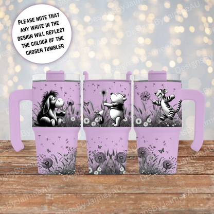 Dandelion Wishes, Winnie The Pooh and Friends- Black and White - 20oz (558ml) Macaron Tumbler with Handle