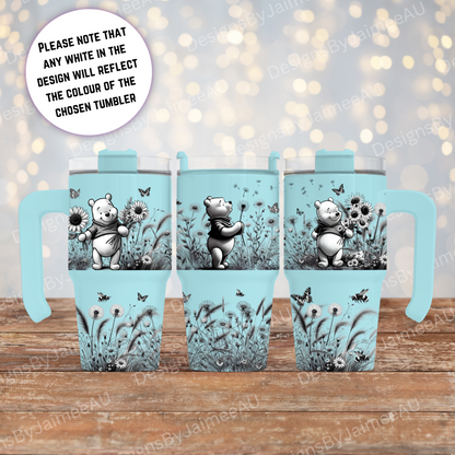 Springtime Winnie The Pooh - Black and White - 20oz (558ml) Macaron Tumbler with Handle