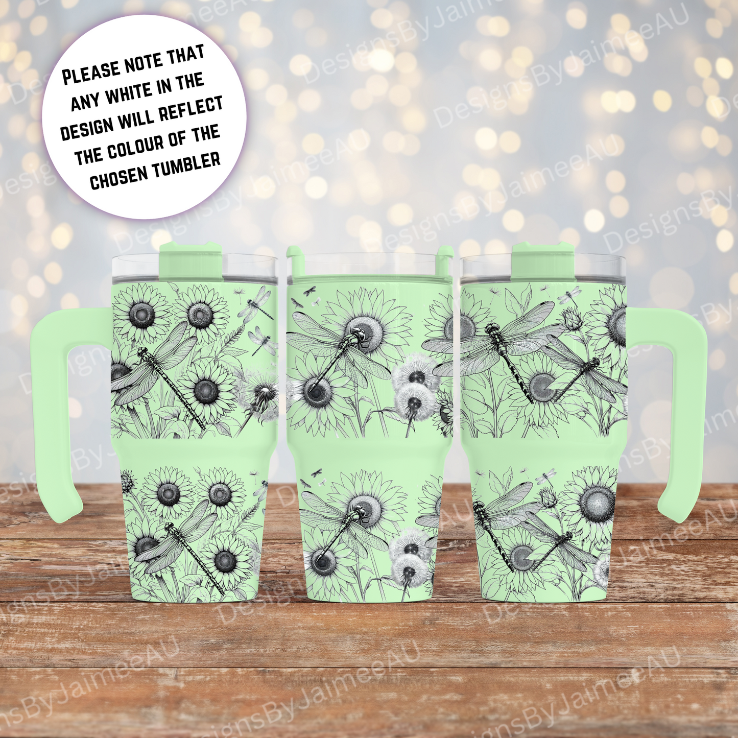 Dragonflies and Sunflowers - Black and White Design - 20oz (558ml) Macaron Tumbler with Handle