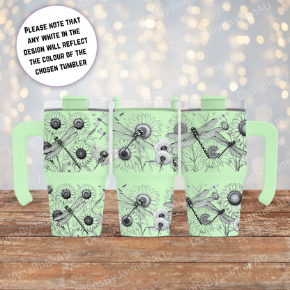 Dragonflies and Sunflowers - Black and White Design - 20oz (558ml) Macaron Tumbler with Handle