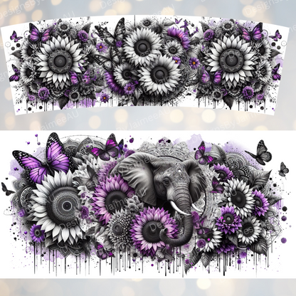 Black and White Elephant with Pops of Purple 40oz Digital Sublimation Tumbler Wrap