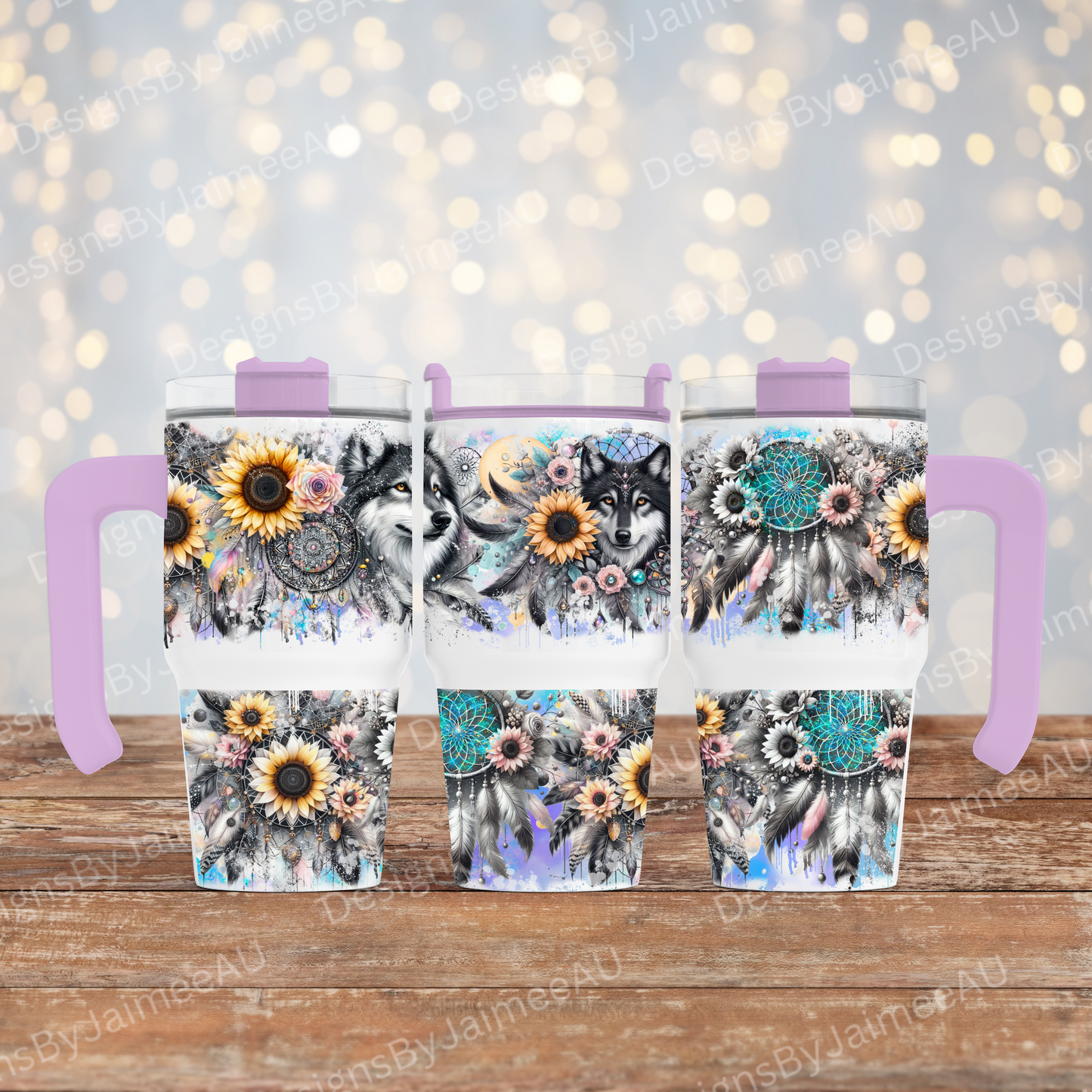 Black and White Wolves with Pastel watercolours- Digital 20oz Tumbler with Handle Wrap Design