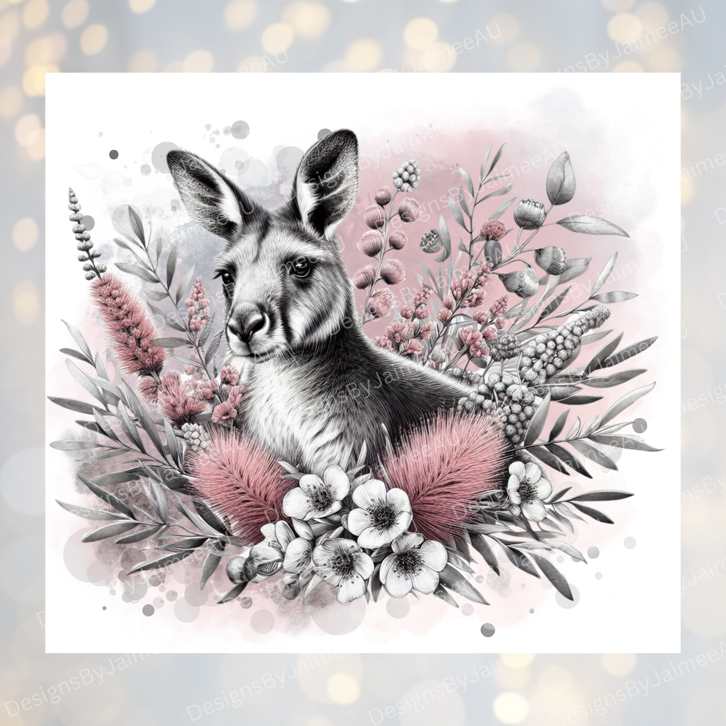 Black and White Kangaroo and Aussie Natives, pastel pink themed - Digital 20oz Sublimation Tumbler Wrap