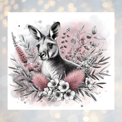 Black and White Kangaroo and Aussie Natives, pastel pink themed - Digital 20oz Sublimation Tumbler Wrap