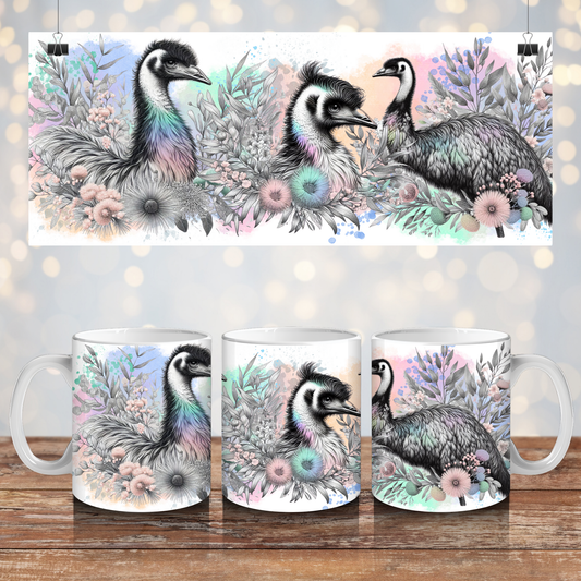 Black and White Emu, with Pastel Watercolours  - Digital 11oz Sublimation Coffee Mug Design