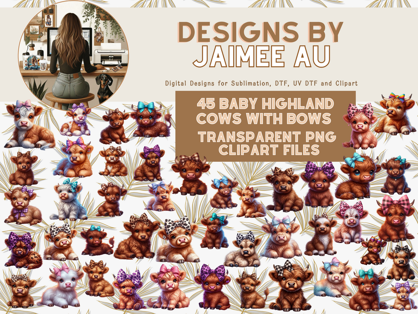 45 Baby Highland Cows With Bows Digital Transparent Clipart Images