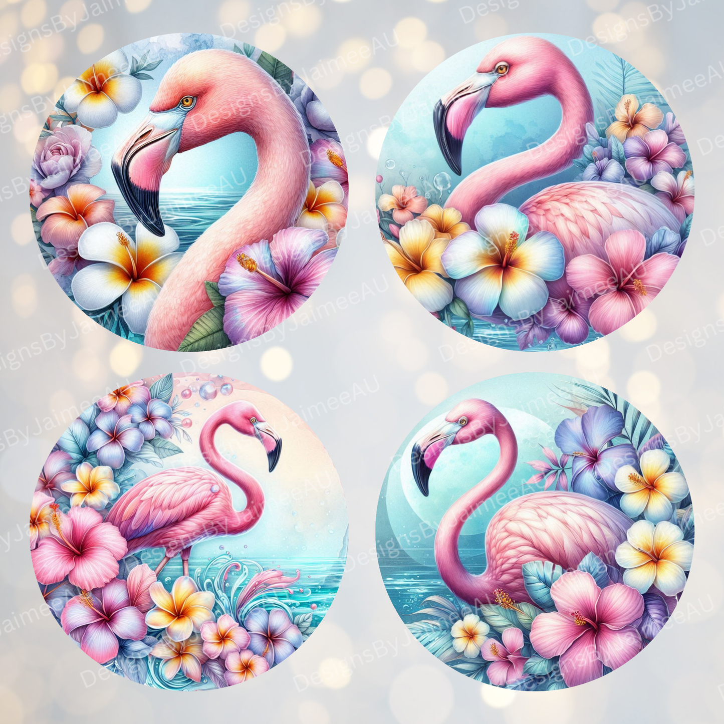 4 Watercolour Flamingos #2 Digital Sublimation Car Coaster Designs