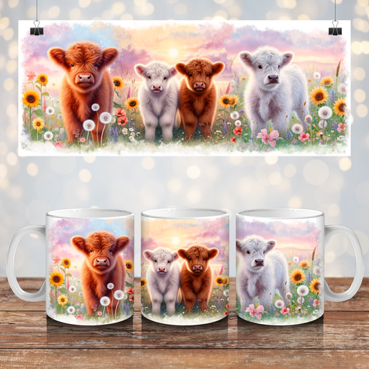 Pastel Wildflower Field- Baby Highland Cows - Digital 11oz Sublimation Coffee Mug Design