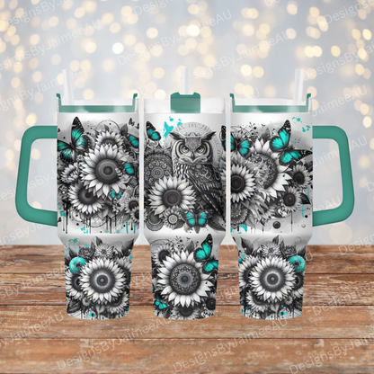 Black and White Owl with Pops of Aqua 40oz Digital Sublimation Tumbler Wrap