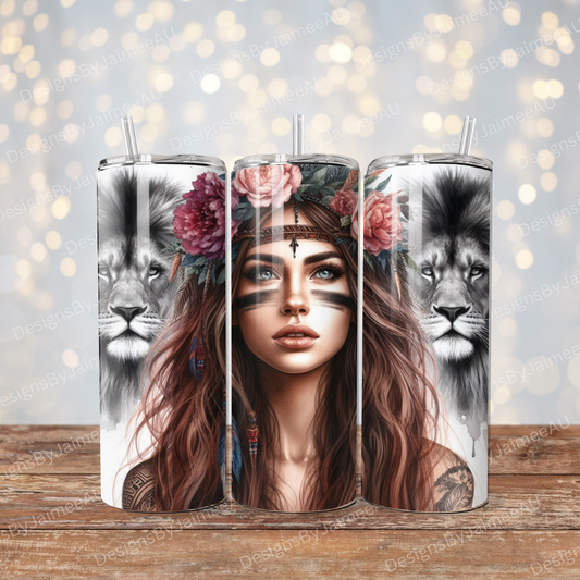 Lions and Warrior Woman, Flower Crown Digital 20oz Sublimation Tumbler Wrap