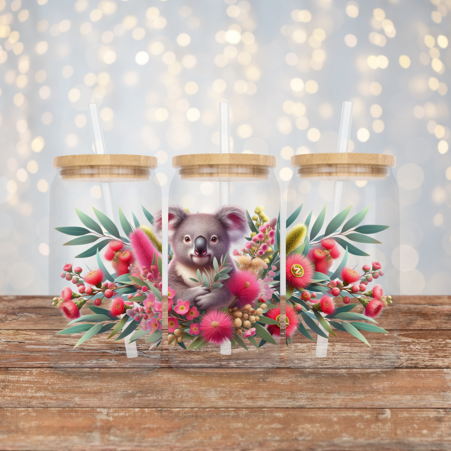 Koala and Aussie Native Flowers Digital Download 16oz UV DTF Transfer Wrap PNG Image
