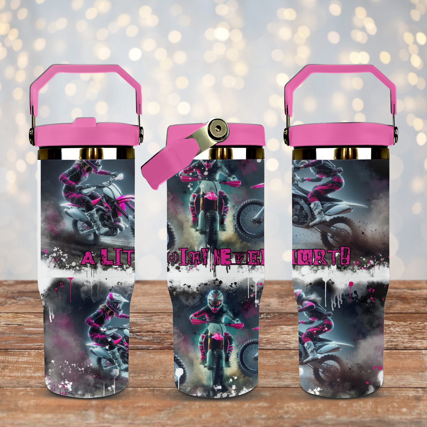 "A Little Dirt Never Hurt!" Hot Pink Dirt Bikes- Digital 30oz Sublimation Tumbler Wrap