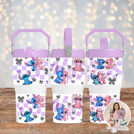Stitch and Angel - Purple Checkers - Digital 20oz Tumbler with Flip Lid/Handle