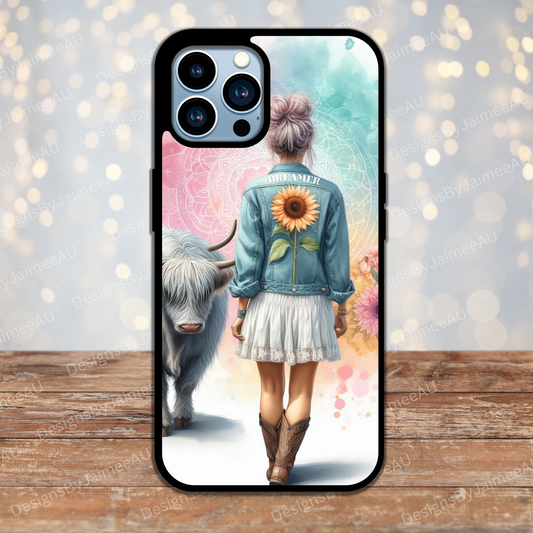 "Dreamer" Pastel Watercolour Daily Affirmations with Highland Cow Digital Phone Case Design