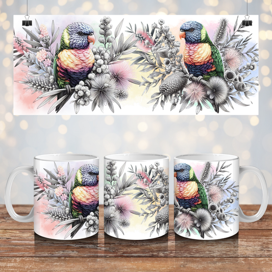 Black and White Rainbow Lorikeet, with Pastel Watercolours  - Digital 11oz Sublimation Coffee Mug Design