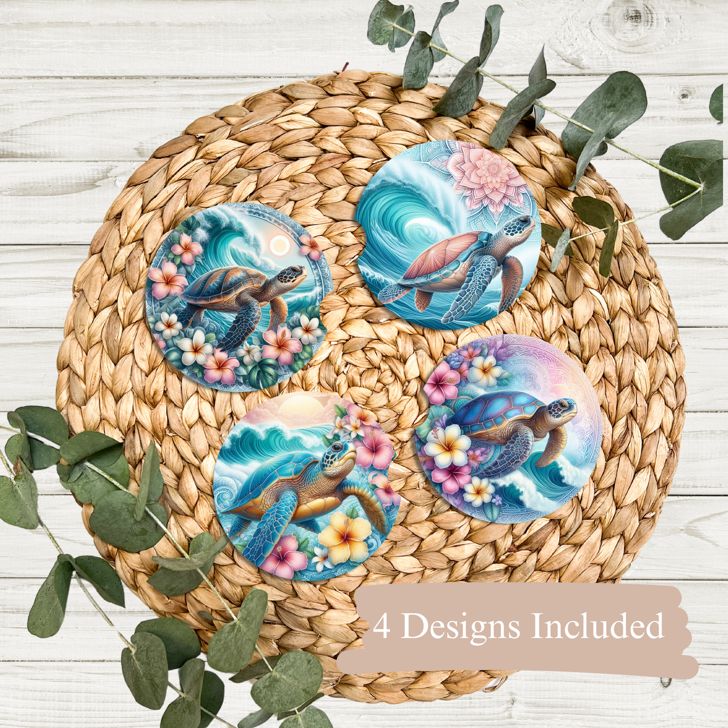 4 Watercolour Tropical Turtle #1 Digital Sublimation Car Coaster Designs