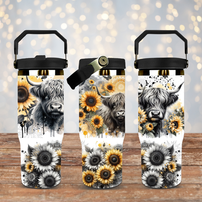 Black and White Highland Cows with Sunflowers - Digital 30oz Sublimation Tumbler Wrap