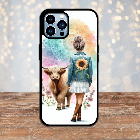 "BE KIND" Pastel Watercolour Daily Affirmations with Highland Cow #1 Digital Phone Case Design