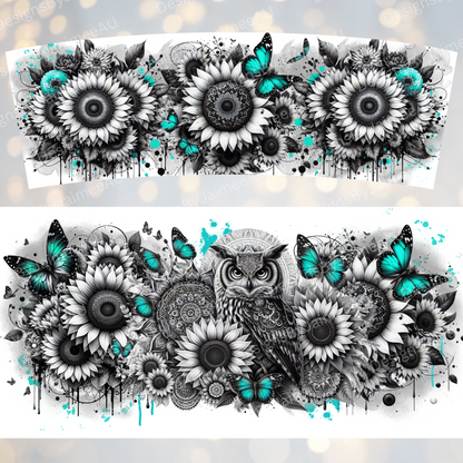 Black and White Owl with Pops of Aqua 40oz Digital Sublimation Tumbler Wrap