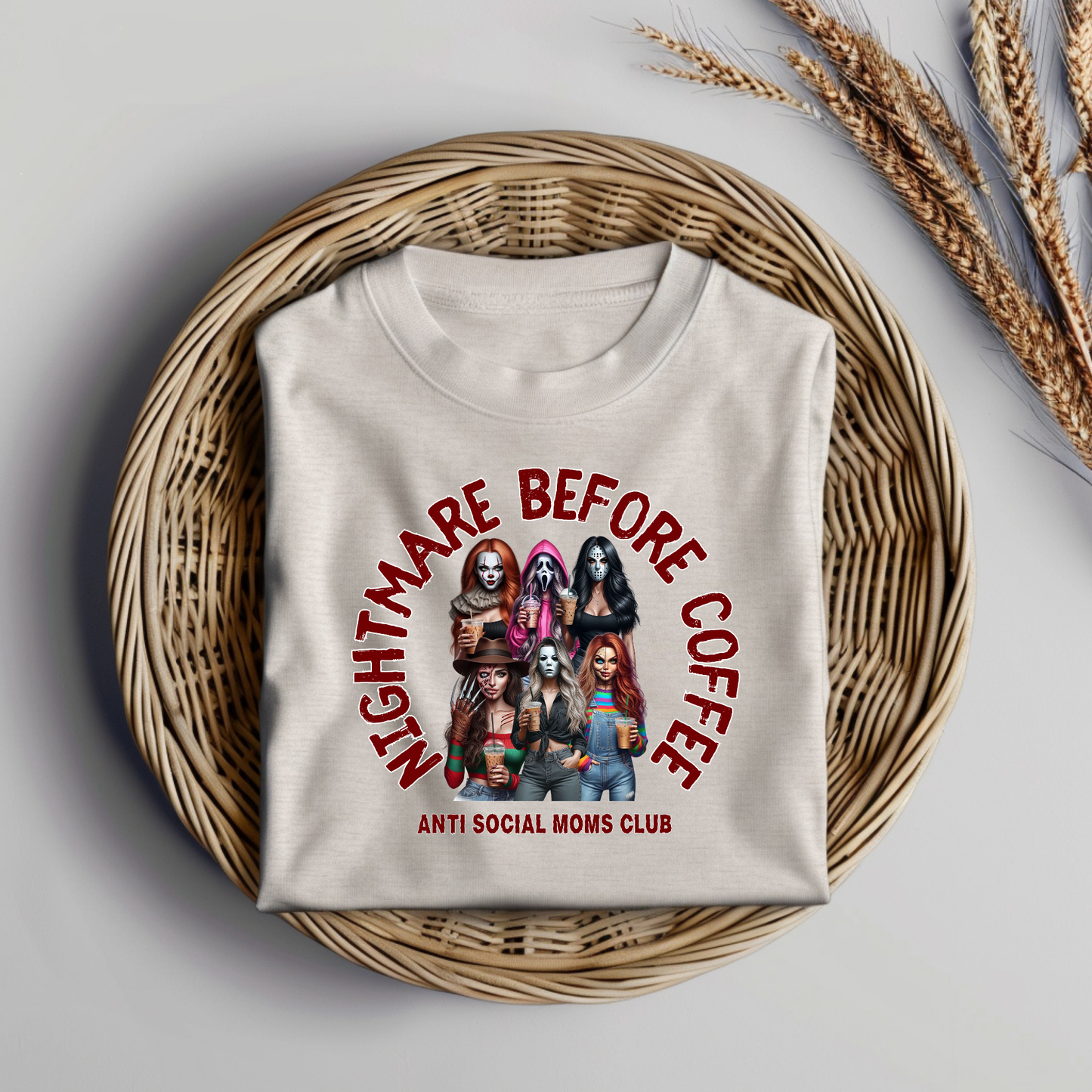"Nightmare Before Coffee" Antisocial MUMS/MOMS Club - Horror Movie Character Inspired Digital DTF Transfer PNG Image