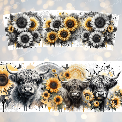 Black and White Highland Cows with Sunflowers - Digital 30oz Sublimation Tumbler Wrap
