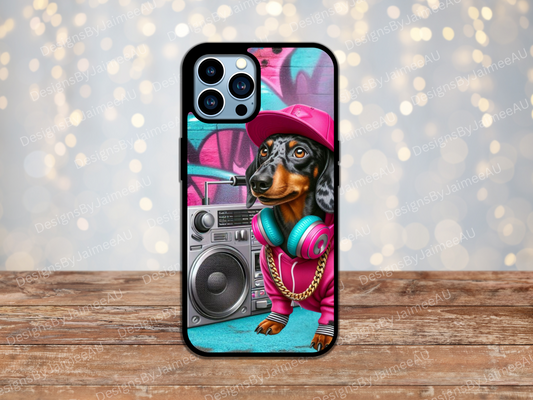 Hip Hop Dachshund #1 Pink/Aqua Digital Phone Case Design