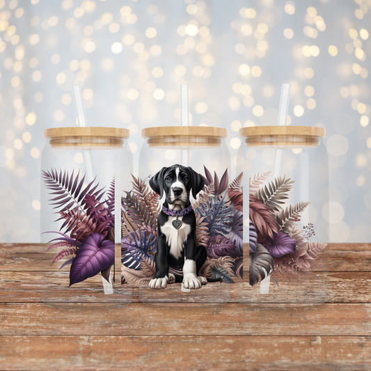 Black and White Great Dane, Purple and Browns Earthy Tropical Vibes Digital Download 16oz UV DTF Transfer Wrap PNG Image
