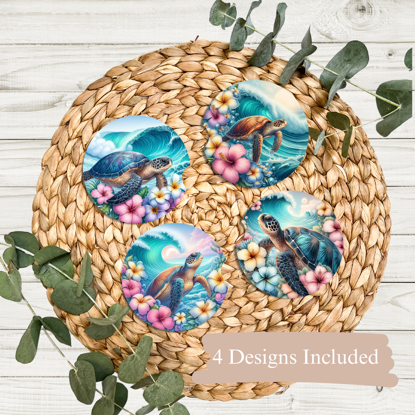 4 Watercolour Tropical Turtle #2 Digital Sublimation Car Coaster Designs