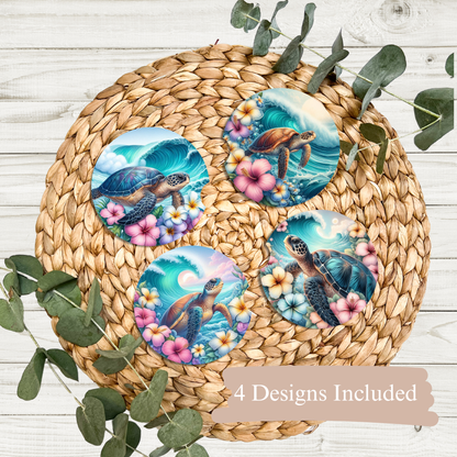4 Watercolour Tropical Turtle #2 Digital Sublimation Car Coaster Designs