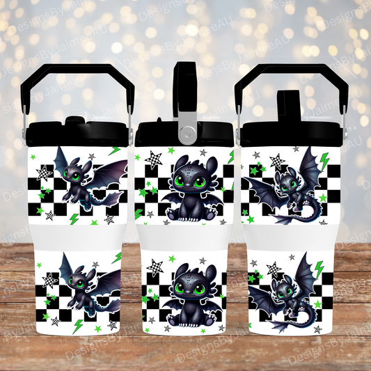 Toothless - Black and Green - Digital 20oz Tumbler with Flip Lid/Handle