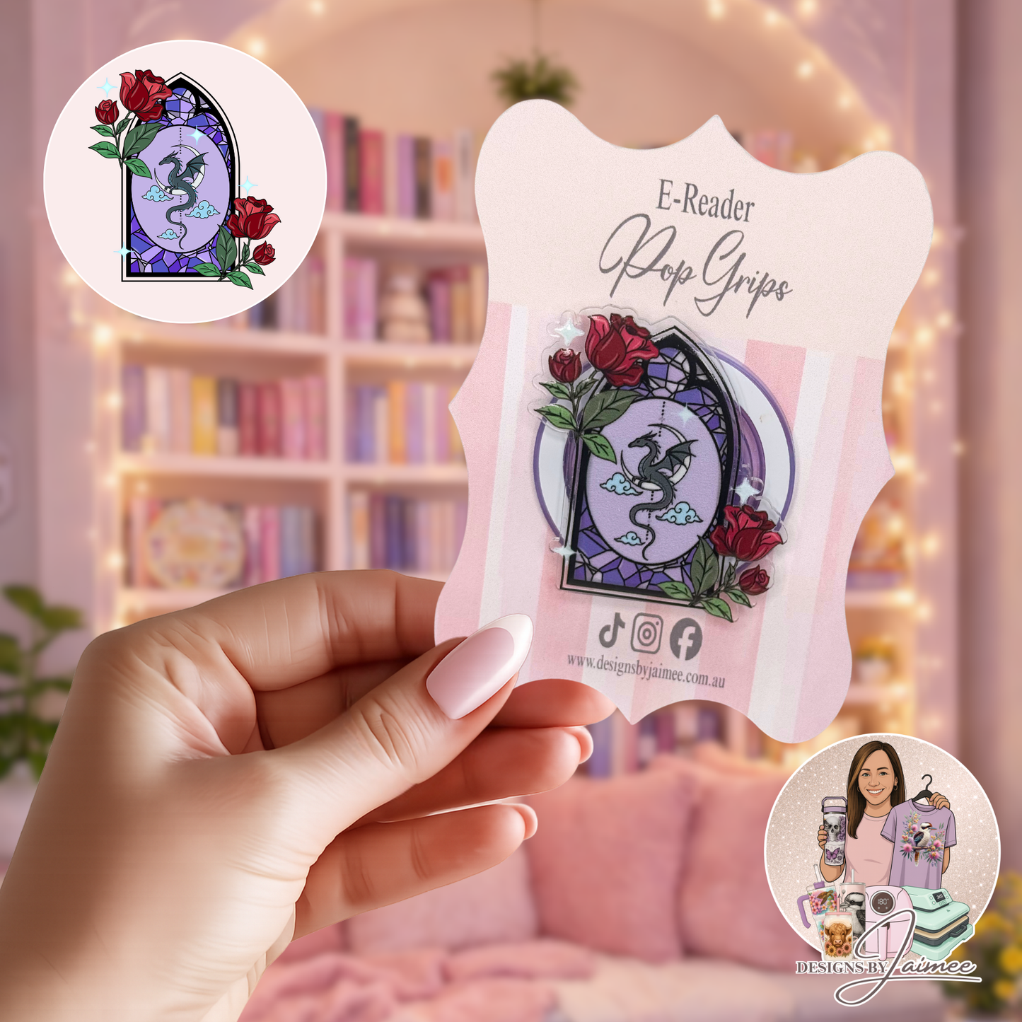 Stained Glass - Dragon | E-Reader Magnetic Grip | Interchangeable Bookish Accessory