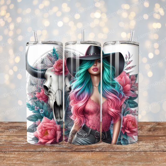 Vibrant Hair, Bull skull, Cowgirl Digital Download 20oz Sublimation Tumbler Wrap