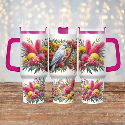 Cockatoo and Australian Native Flowers 40oz Digital Sublimation Tumbler Wrap