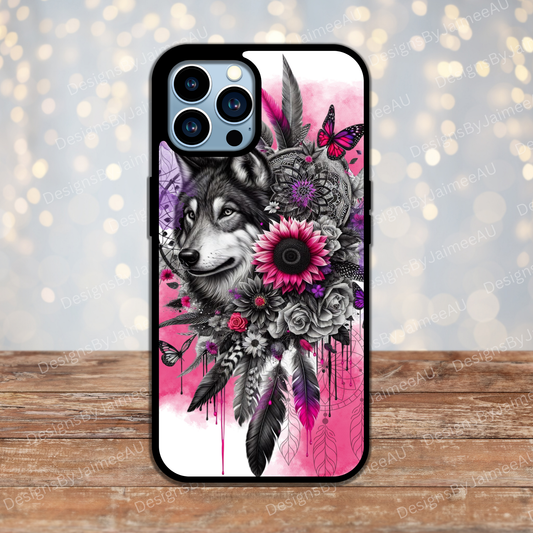 Black and White Wolf with Pink Watercolour Digital Phone Case Design