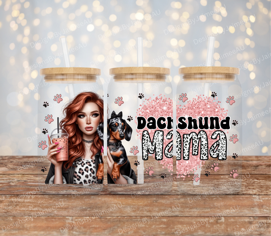 Dachshund Mama, Glitter heart/Red Head Digital Download 16oz UV DTF Transfer Wrap PNG Image