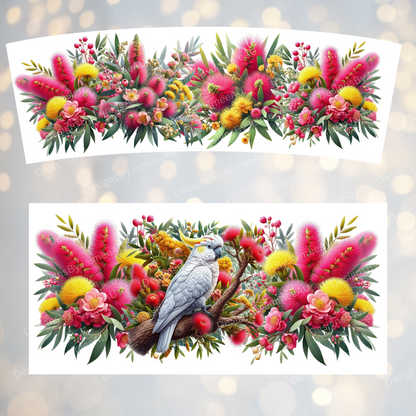 Cockatoo and Australian Native Flowers 40oz Digital Sublimation Tumbler Wrap