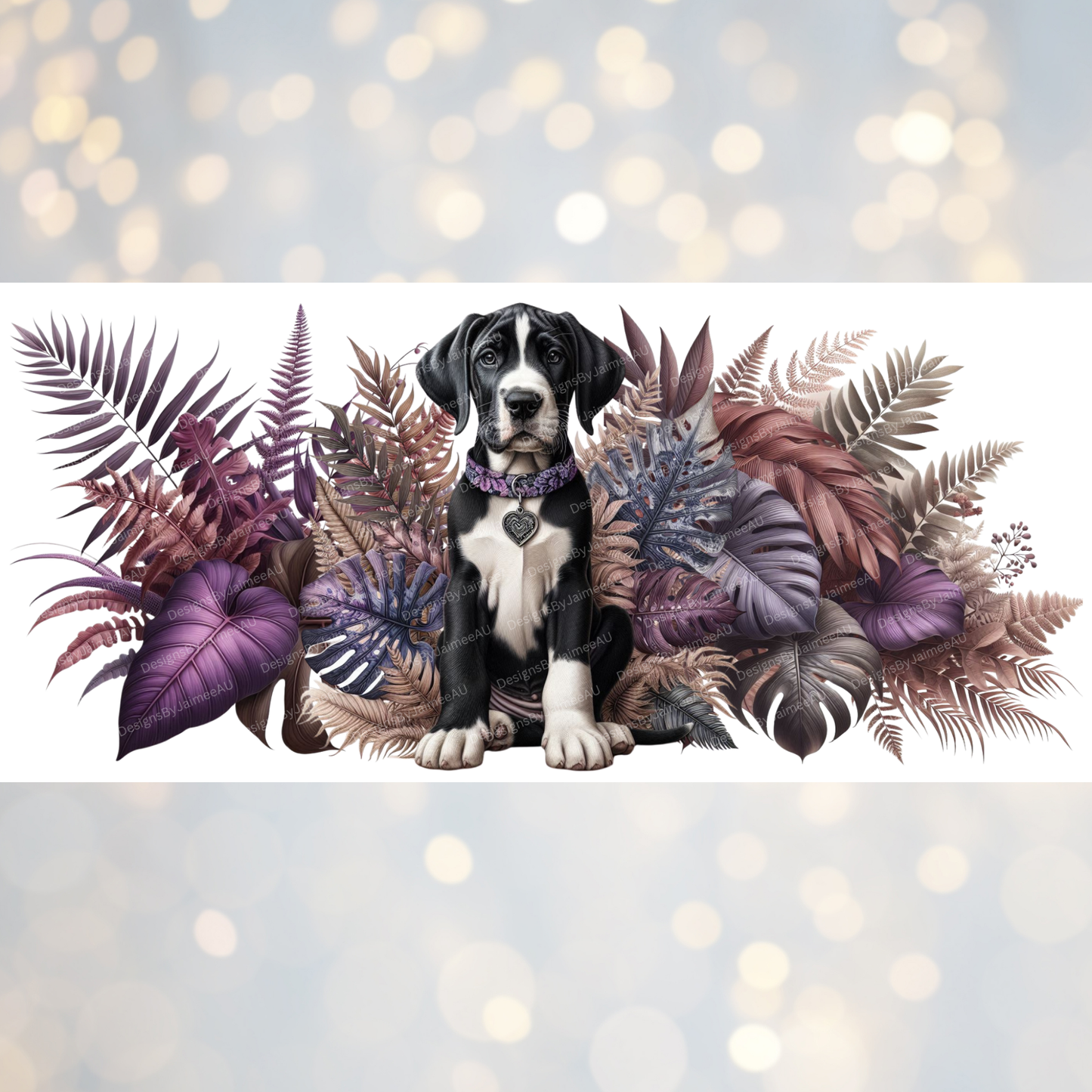 Black and White Great Dane, Purple and Browns Earthy Tropical Vibes Digital Download 16oz UV DTF Transfer Wrap PNG Image